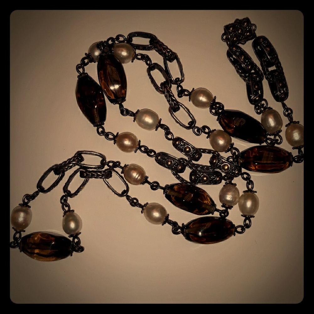 John Hardy 36" SS/18k Link, Pearl, & Smoky Quartz